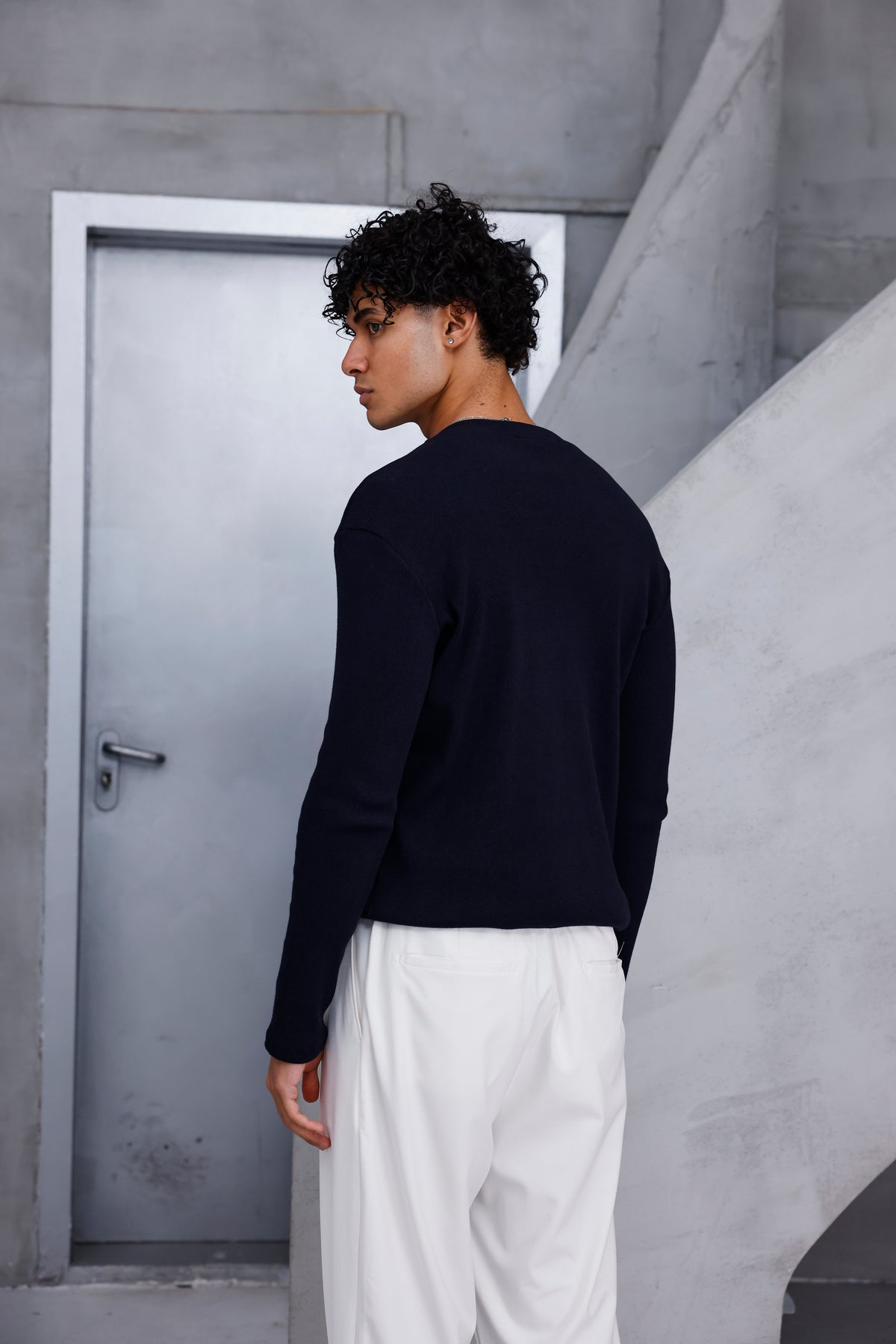 Henley Yaka Fitilli Uzun Kollu Tshirt Lacivert