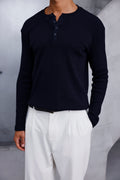 Henley Yaka Fitilli Uzun Kollu Tshirt Lacivert