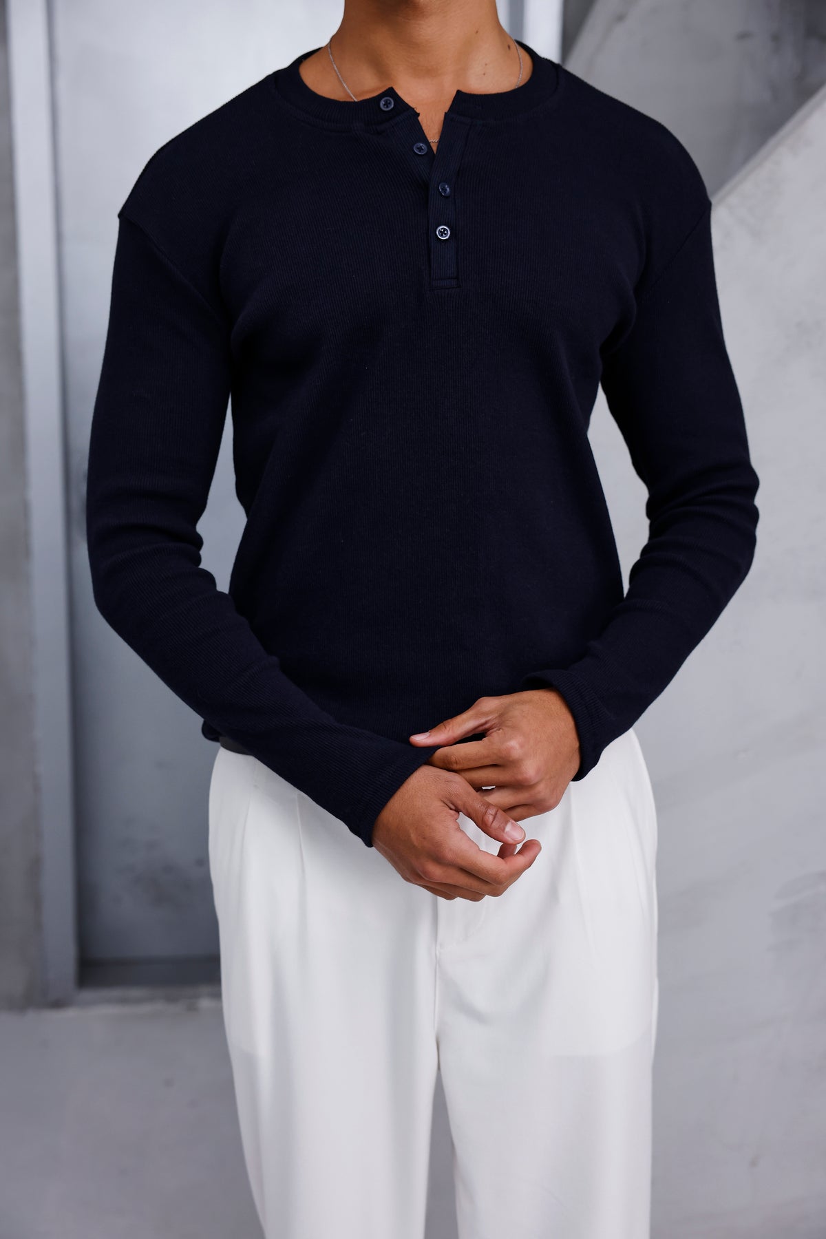 Henley Yaka Fitilli Uzun Kollu Tshirt Lacivert