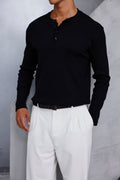 Henley Yaka Fitilli Uzun Kollu Tshirt Siyah