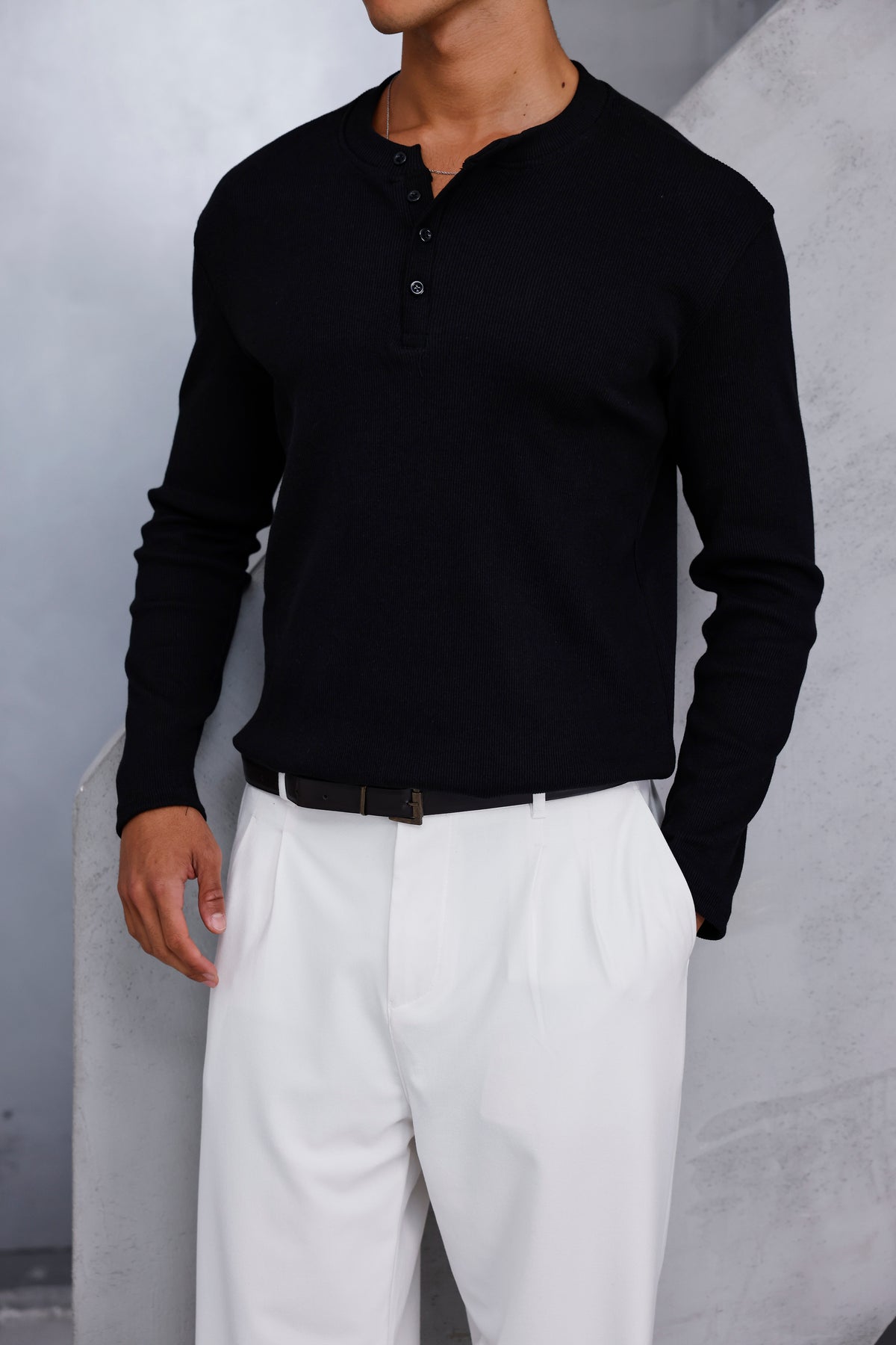 Henley Yaka Fitilli Uzun Kollu Tshirt Siyah