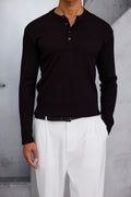 Henley Yaka Fitilli Uzun Kollu Tshirt Acı Kahve