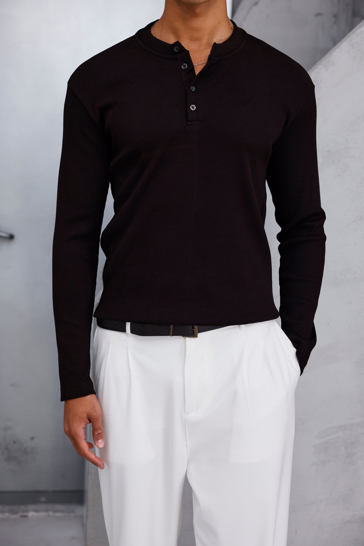 Henley Yaka Fitilli Uzun Kollu Tshirt Acı Kahve