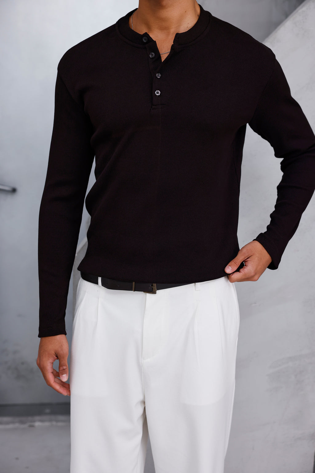 Henley Yaka Fitilli Uzun Kollu Tshirt Acı Kahve