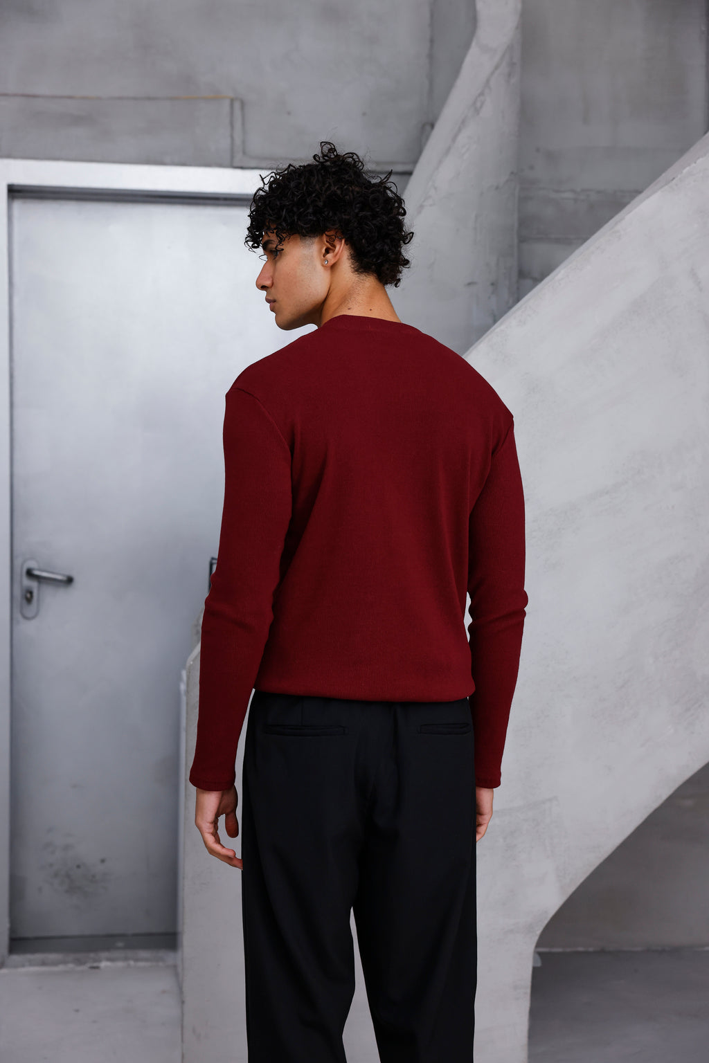 Henley Yaka Fitilli Uzun Kollu Tshirt Bordo