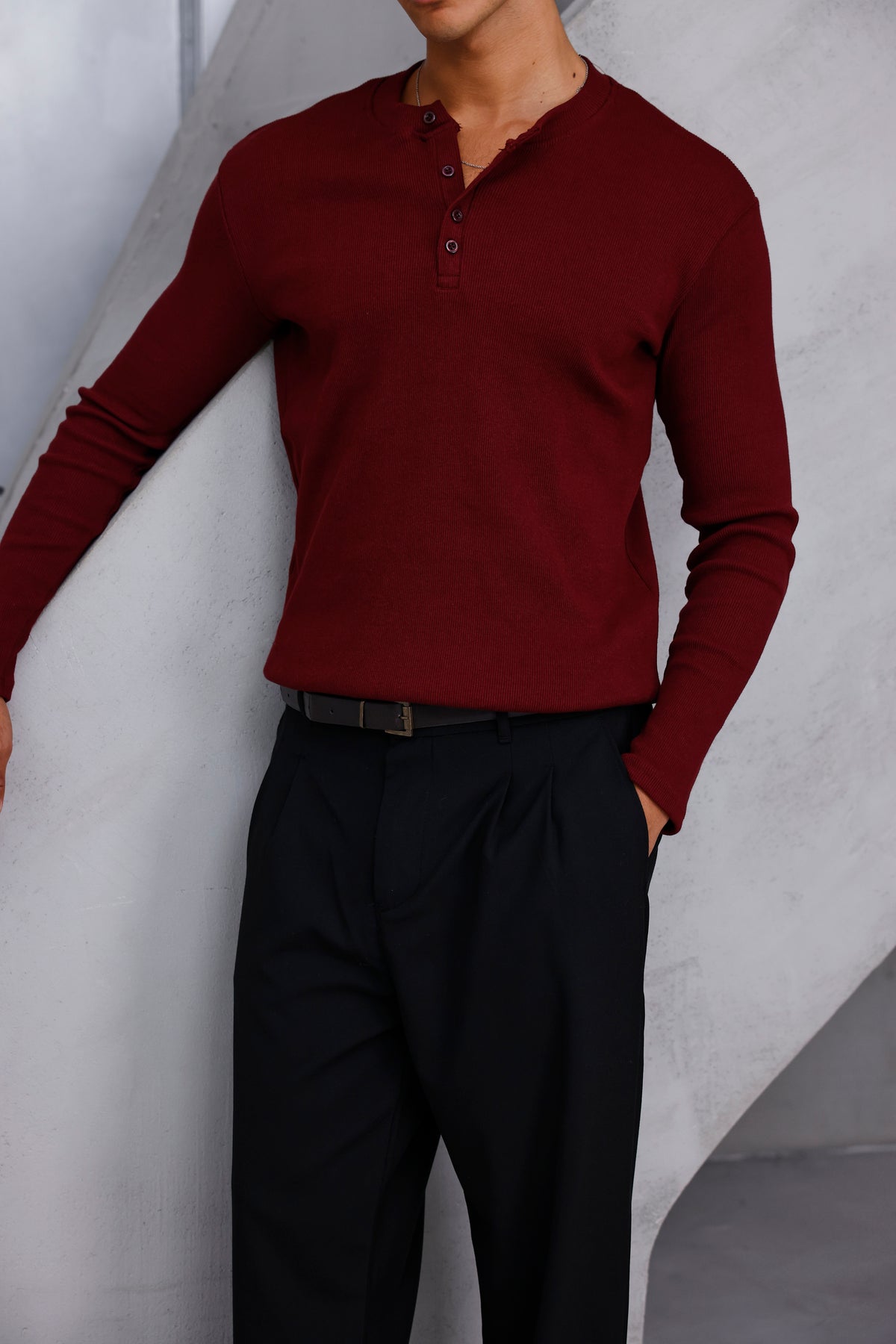 Henley Yaka Fitilli Uzun Kollu Tshirt Bordo