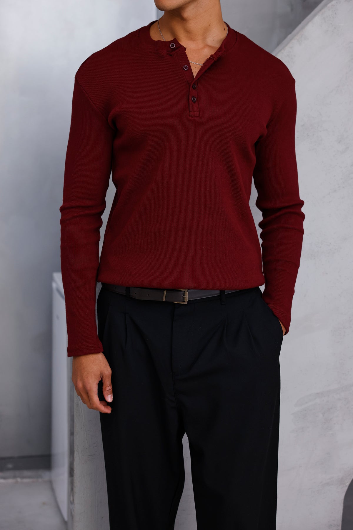 Henley Yaka Fitilli Uzun Kollu Tshirt Bordo