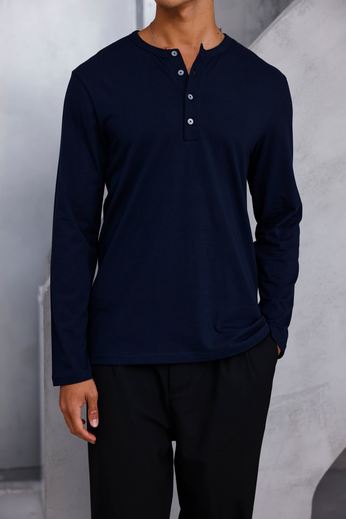 Henley Yaka Uzun Kollu Tshirt Lacivert