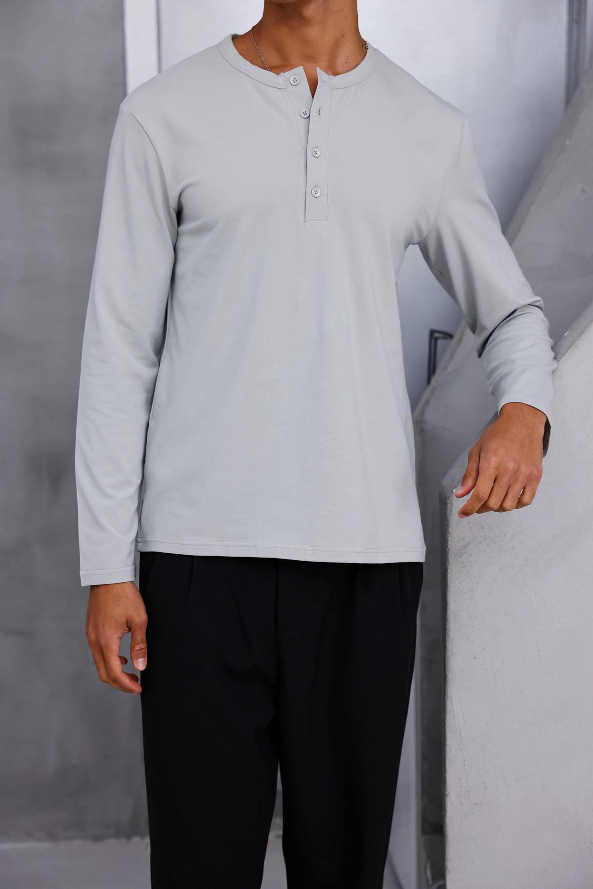 Henley Yaka Uzun Kollu Tshirt Gri