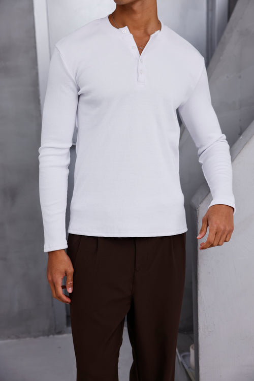 Henley Yaka Fitilli Uzun Kollu Tshirt Beyaz