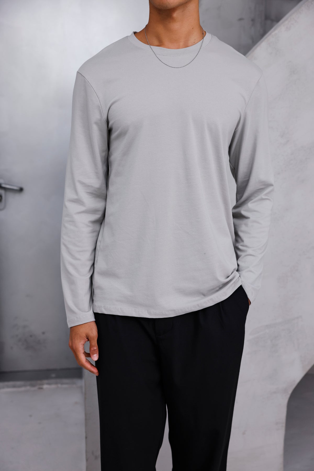 Bisiklet Yaka Uzun Kollu Tshirt Gri
